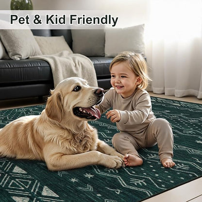 SERISSA 2x5 Kitchen Runner Rug, Washable Non-Slip Dark Green Boho Rug, Soft Low-Pile Geometric Indoor Carpet for Hallway Laundry Room Bathroom Bedroom Entryway