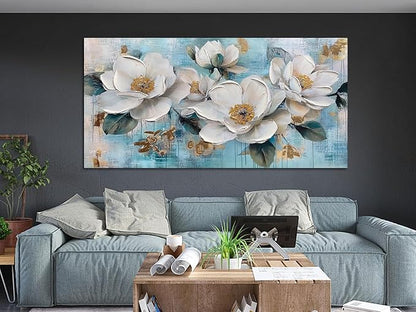 Ardemy Flower Wall Art for Living Room White Floral Canvas Art Wall Decor, Magnolia Teal Picture Textured Large Painting Turquoise Framed Artwork Bedroom Dining Room Kitchen Home Office 48"x24"