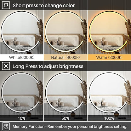 28 inches Round Aluminum Black Framed LED Mirror, Smart Bathroom Mirror with Lights, Anti-Fog, Tempered Glass, 3 Colors Dimmable, Front and Backlit, Wall Mounted, Memory