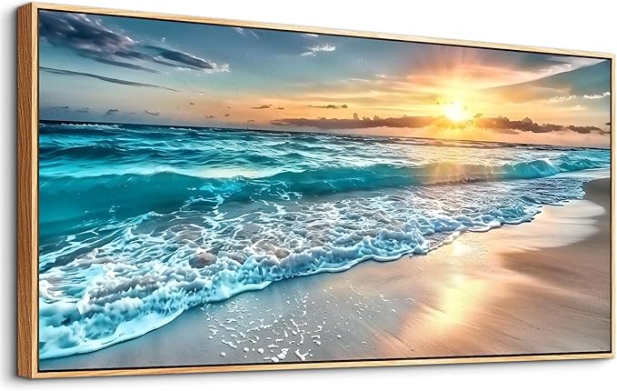 hyidecorart Large Wall Art For Living Room Wall Decorations For Bedroom Office Wall Decor Wood Framed Canvas prints Painting Blue Sea Wave Pictures Modern Beach Seascape Posters Home Decor Artwork