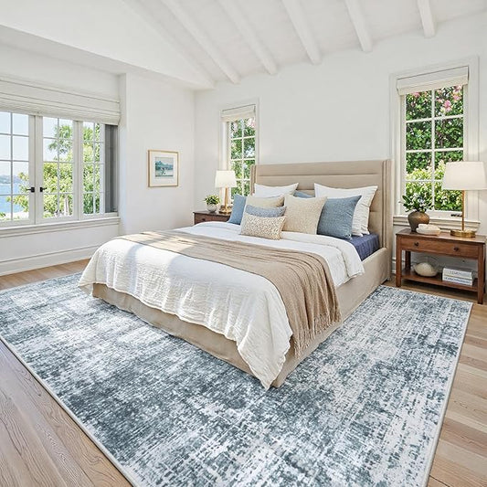 5x7 Area Rugs Washable Rug:Anti-Skid Abstract Modern Living Room Rug Soft Thin Carpets Indoor Floor Non-Shedding Carpet for Bedroom Dining Farmhouse Nursery Home Office(Light Slate Blue/White, 5x7)