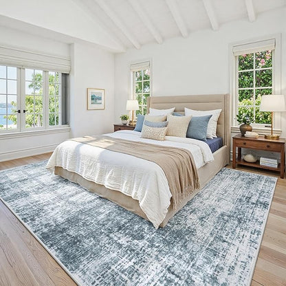 9x12 Area Rugs Washable Rug:Anti-Skid Abstract Modern Living Room Rug Soft Thin Carpets Indoor Floor Non-Shedding Carpet for Bedroom Dining Farmhouse Nursery Home Office(Light Slate Blue/White, 9x12)