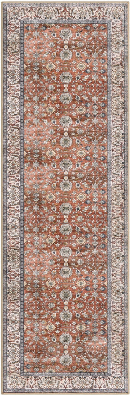 KUTA Vintage Washable Runner Rug, 2.6x8 Red Clay Runners for Hallways Non-Slip Kitchen Rugs Ultra Thin Soft Printed Distressed Oriental Floral Floor Carpet for Laundry Bedroom Living Room Nursery