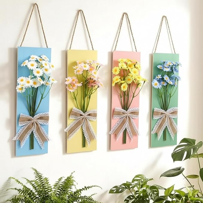 Suncalla 4 Pcs Pastel Daisy Wall Decor Colorful Wooden Summer Artificial Floral Bathroom Wall Art for Living Room, Bedroom, Office Dining Room Decor