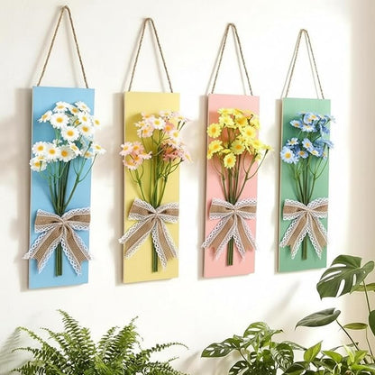 Suncalla 4 Pcs Pastel Daisy Wall Decor Colorful Wooden Summer Artificial Floral Bathroom Wall Art for Living Room, Bedroom, Office Dining Room Decor
