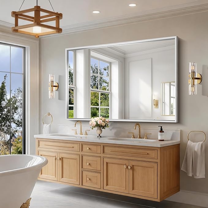 CIRCUMI 60"x40" Brushed Silver Mirror with Chunky Box Metal Frame, Bathroom Mirror for Vanity Remodel & New Home, Living Room, Entryway, Rectangular Wall Mirror, Tempered Glass, Vertical or Horizontal