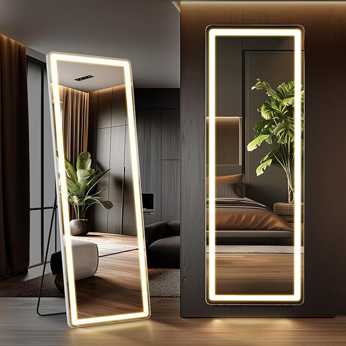 Full Length Mirror with Stand 21"×64", Upgraded Full Body Mirrors with LED Light 3 Color Lighting, Floor Standing, Hanging or Leaning Modern Simple Home Wall Decor, White