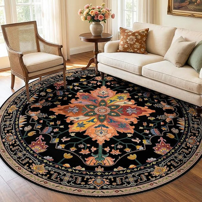 RELEANY Area Rugs Round 6ft Washable Non-Slip, Floral Vintage Distress Print Pattern Medallion Carpet for Living Room Bedroom Dining Room, Black Colorful Floral Dark Tan