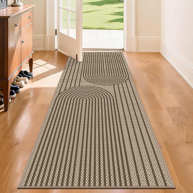 Easy Jute Hallway Runner Rug, 2' x 6' Kitchen Runner, Brown Farmhouse Ultra-Thin Washable Non-Slip Carpet Runner for Laundry, Bedroom, Backyard, Outdoor, Home Decor