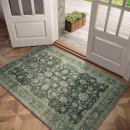 Washable 3x5 Entryway Rug, Boho Non-Slip Vintage Distress Small Rugs for Kitchen Nursery Office Bedroom, 0.3" Neutral Oriental Throw Thin Carpet with Cushioning Pad, Sage Green/Multi, E1