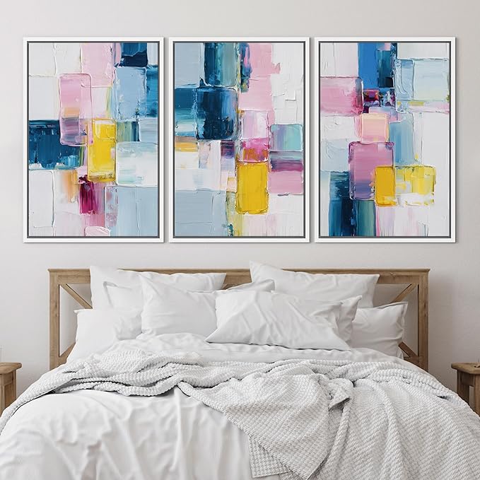 SIGNLEADER Framed Canvas Print Wall Art Set Vibrant Colorful Block Abstract Bold Pink Blue Illustrations Minimal Decorative Bohemian Nordic for Living Room, Bedroom, Office - 16"x24"x3 WHITE