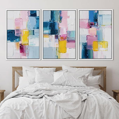 SIGNLEADER Framed Canvas Print Wall Art Set Vibrant Colorful Block Abstract Bold Pink Blue Illustrations Minimal Decorative Bohemian Nordic for Living Room, Bedroom, Office - 24"x36"x3 WHITE
