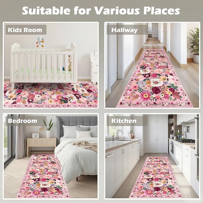 Pink Rug for Hallways Kitchen Rug 2x6, Non Slip Washable Rugs with Rubber Backing Soft Floral Carpet Runner for Hallways, Kitchen, Laundry, Bedroom, Bathroom