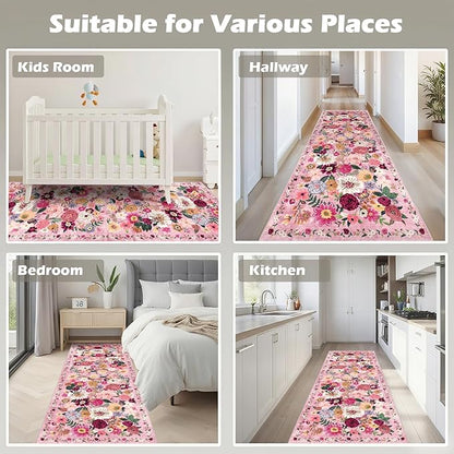 Pink Rug for Hallways Kitchen Rug 2x6, Non Slip Washable Rugs with Rubber Backing Soft Floral Carpet Runner for Hallways, Kitchen, Laundry, Bedroom, Bathroom