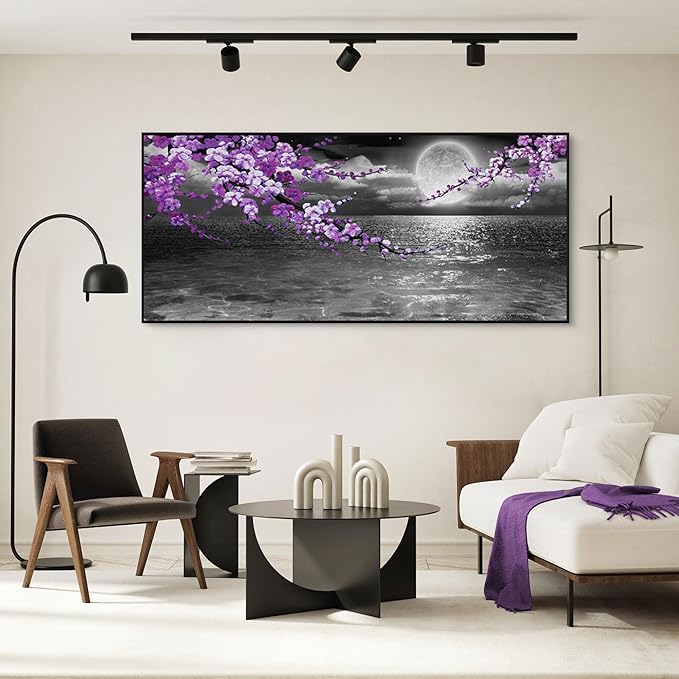 yiijeah Large Purple Wall Art Decor for Living Room Bedroom Framed Black and White Seascape Full Moon Purple Flower Painting Canvas Picture Modern Hand-Painted Plum Blossom Artwork for Home Office