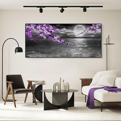 yiijeah Large Purple Wall Art Decor for Living Room Bedroom Framed Black and White Seascape Full Moon Purple Flower Painting Canvas Picture Modern Hand-Painted Plum Blossom Artwork for Home Office
