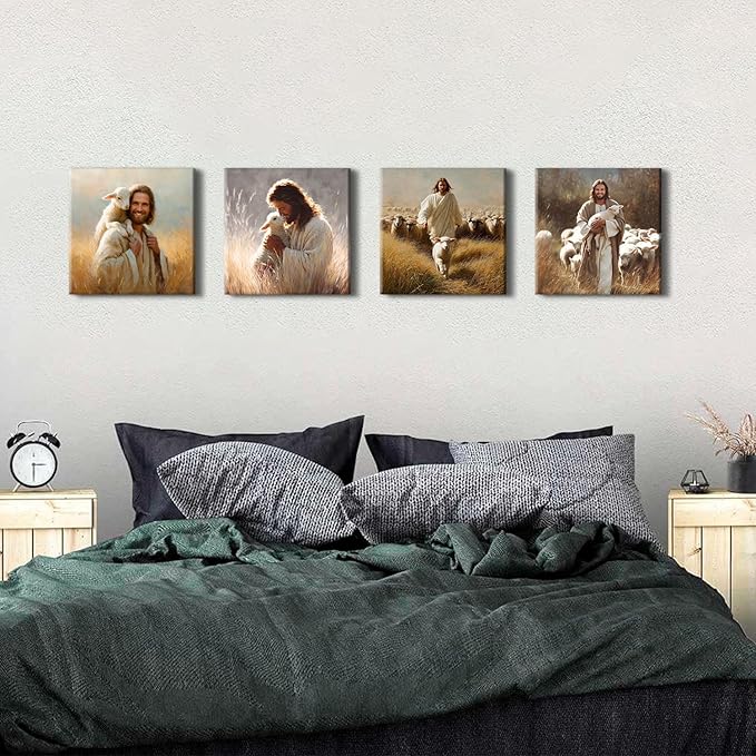 Jesus and Lamb Wall Art Set of 4 Christian Wall Decor Running After Lost Lamb Pictures Canvas Prints Vintage Jesus Theme Paintings Christ The Good Shepherd Artwork Home Decorations 12x12”