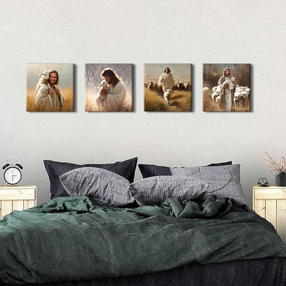 Jesus and Lamb Wall Art Set of 4 Christian Wall Decor Running After Lost Lamb Pictures Canvas Prints Vintage Jesus Theme Paintings Christ The Good Shepherd Artwork Home Decorations 12x12”