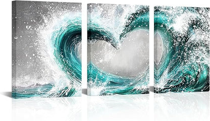 HOMEOART Bedroom Wall Art Ocean Wave Painting Love Sign Wall Decor Framed Artwork Bathroom Bedroom Living Room Decor (Turquoise)