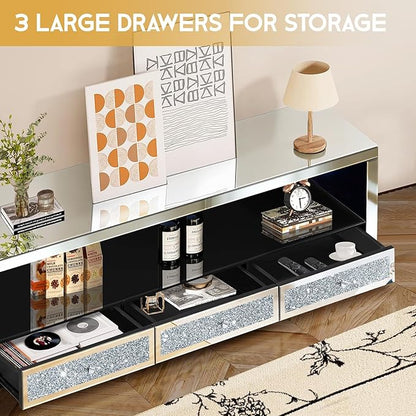 Silver Mirrored LED TV Stand with Crushed Diamond Drawers, Media Console Table with RGB LED Lights, Entertainment Center for TVs Up to 65 Inch, TV Cabinet with Storage Drawers for Living Room Bedroom