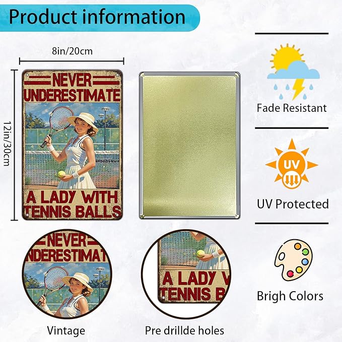 Tennis Sport Vintage Tin Metal Sign Never Underestimate A Lady With Tennis Balls Decorative Poster Wall Art Decoration For Home School Club Coffee 8x12 Inch