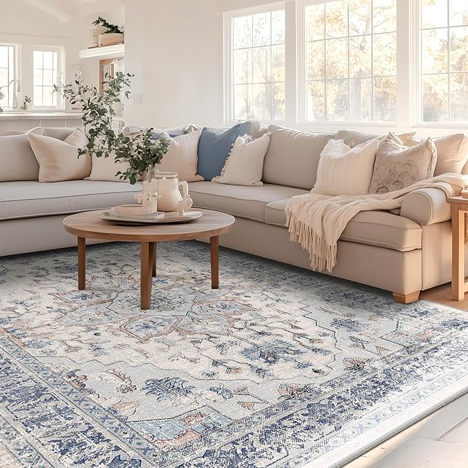 BESTSWEETIE 8x10 Area Rug Washable Rugs for Living Room, No Pile Boho Carpet for Entryway Bedroom Dinning Room, Vintage Carpet Print Distressed Non-Slip, 8 x 10 ft, Beige Blue