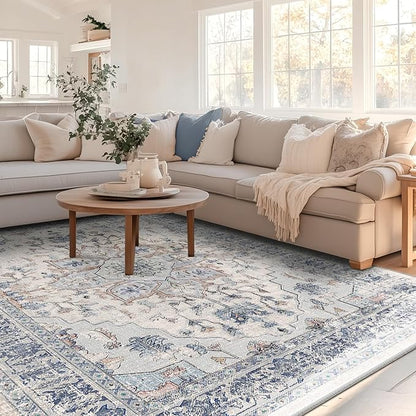 BESTSWEETIE 8x10 Area Rug Washable Rugs for Living Room, No Pile Boho Carpet for Entryway Bedroom Dinning Room, Vintage Carpet Print Distressed Non-Slip, 8 x 10 ft, Beige Blue
