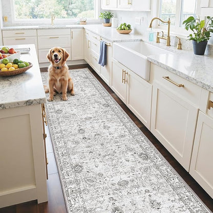 Floral Hallway Runner Grey Carpet Non-Slip, 2'6" x 14' Washable Rug Ultra-Thin Soft for Hallways, Kitchen Mat Stain Resistant for Entryway Bathroom