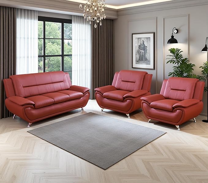 3PCS Red Faux Leather Sofa and 2 Chairs for Living Room, Living Room Furniture Sets, Sofa Couches for Office, Bedroom, Apartment
