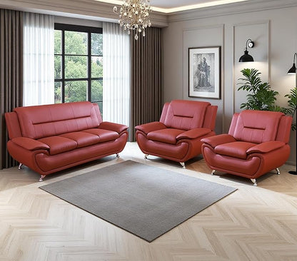 3PCS Red Faux Leather Sofa and 2 Chairs for Living Room, Living Room Furniture Sets, Sofa Couches for Office, Bedroom, Apartment