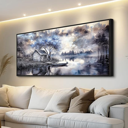 ERQINHUA Large Canvas Blue Tree Lakeside Landscape Painting Wall Decor For Living Room Restaurant Wall Art For Office Bedroom Artwork Pictures Modern Home Decor Ready To Hang Black Framed 32x72 In