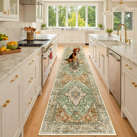 RELEANY Area Rugs 2'x10' Runner Rug Non Slip Washable for Kitchen Hallway Bedroom Beside Laundry Room Bathroom Rug, Floor Carpet, Brick Red Rust Neutral Brown Burnt Orange Green