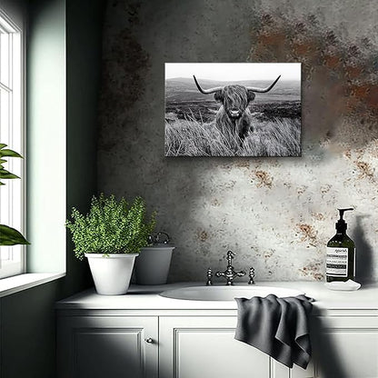 SKASNFAI Highland Cow Wall Decor Black and White Cow Pictures Animal Canvas Wall Art Cattle Paintings Prints Framed for Living Room Bedroom (16x24 inch)