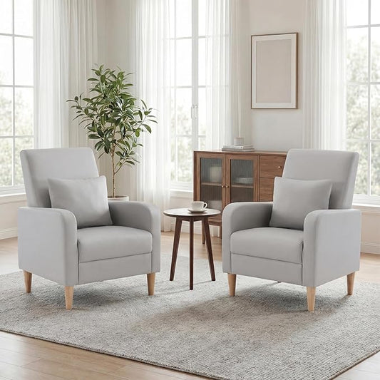 COLAMY Mid-Century Modern Upholstered Accent Chair with Back Pillow & Solid Wood Legs, Leather Cozy Armchair for Living Room, Bedroom, Reading Nook, Apartment & Small Spaces, Lightgrey