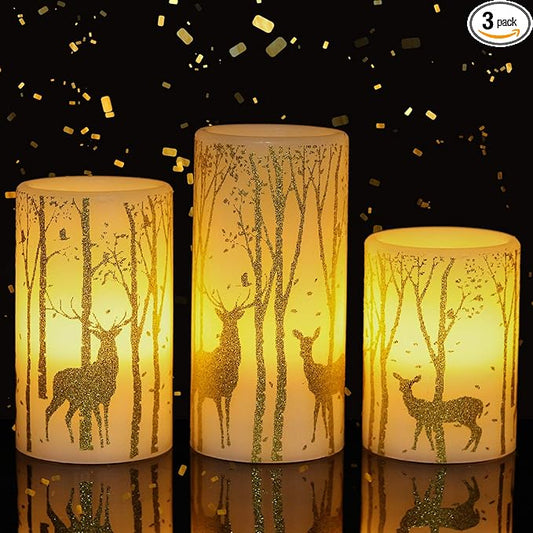 Wondise Flameless Flickering Candles with Timer, Battery Operated Real Wax Gold Deer Decal LED Pillar Candles for Christmas Holiday Home Decoration, Set of 3(3 x 4,5,6 Inch)