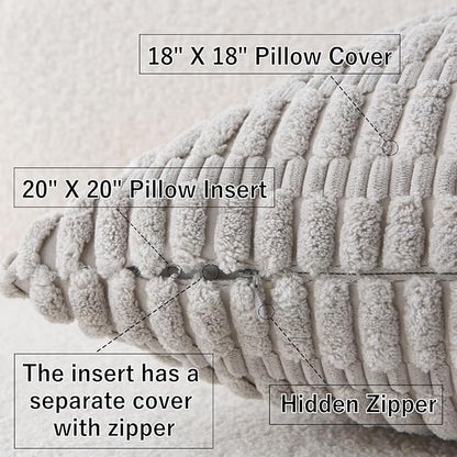 2 Pack Corduroy Decorative Throw Pillow with Inserts, 18x18 Inch Soft Boho Throw Pillow, Square Striped Throw Pillows for Couch, Bed, Sofa Decor (Light Gray)