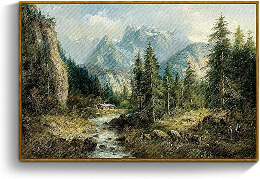 crmotu Vintage Framed Wall Art, Mountain River Landscape Canvas Painting, Pine Tree Forest Art Prints, Rustic Farmhouse Home Decorations, Pictures Wall Decor Living Room Bedroom Cottage 16x24in