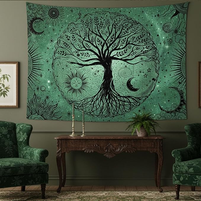 Leeisysme Tree of Life Sun Moon Tapestry, Aesthetic Line Art Wall Hanging for Living Room Bedroom Home Decor, Green 36x48 inches