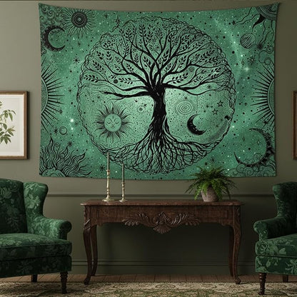 Leeisysme Tree of Life Sun Moon Tapestry, Aesthetic Line Art Wall Hanging for Living Room Bedroom Home Decor, Green 36x48 inches