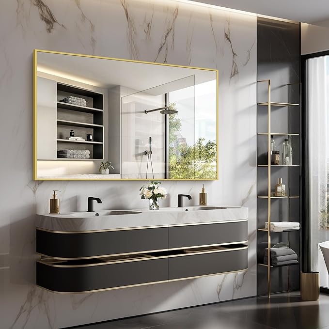 COFENY Gold Bathroom Mirror for Wall, 60x36 Inch Rectangle Mirrors with Metal Frame, Modern Vanity Wall Mirror Decor for Bathroom Living Room, Entryway Hangs Horizontal or Vertical