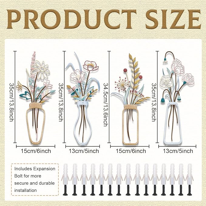 4PCS Metal Flowers Wall Arts Minimalist Flower Wall Decors Rustic Farmhouse Floral Wall Art Metal Wall Decor for Living Room Bathroom Bedroom Dining Room Housewarming Gifts (Multicolored)