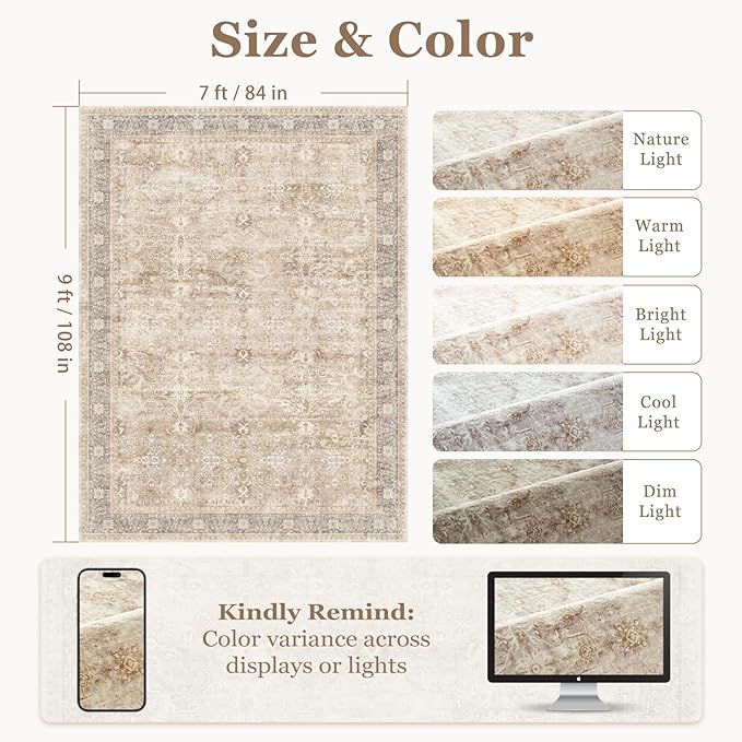 Vintage Neutral 7x9 Rugs for Bedroom, Washable Non Slip Low Pile Thin Area Rug for Living Room Dining Room, Farmhouse Carpet Rug for Playroom Guest Room Home Office, Earth Tone Beige Taupe