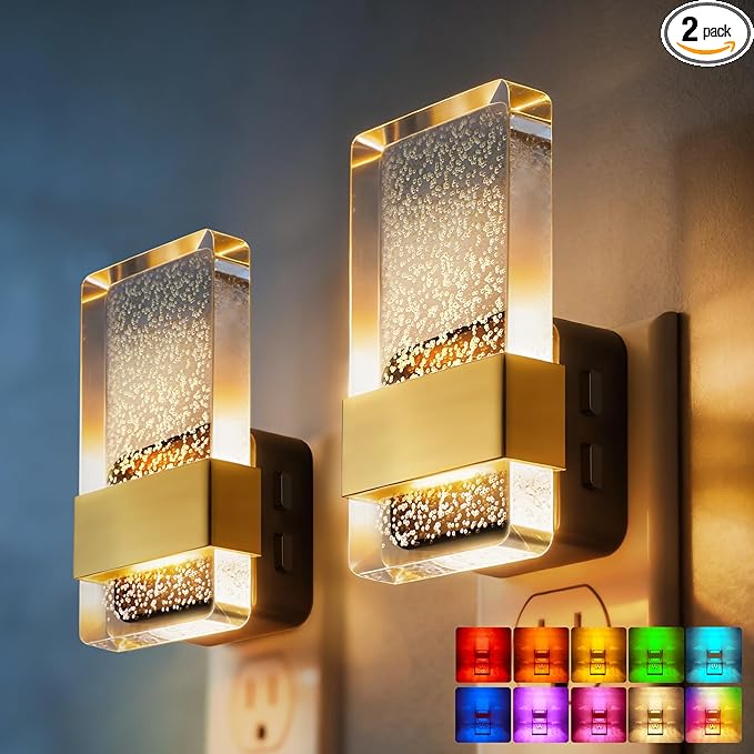 DORESshop LED Night Lights Plug into Wall, [2 Pack] 3 Level Dimmable Night Light, Rotatable Bubble Decorative Nightlight, Dusk to Dawn Sensor, Wall Sconce-Style Design Nightlights for Bathroom, RGB