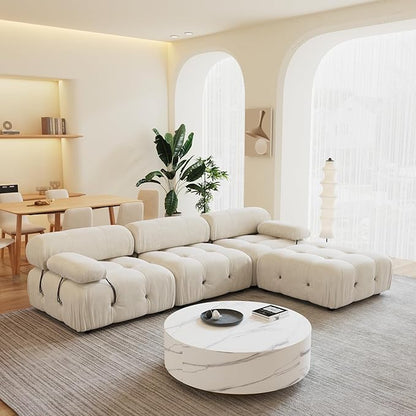 104'' Modular Sectional Couch, L-Shaped Velvet Bubble Couch with Reversible Chaise Ottoman, Modern Cloud Sectional Couches for Living Room, Apartment (3 Seats, 1 Ottoman, Beige)
