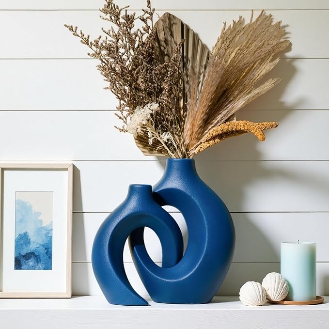 Levvohd Snuggle Hollow Ceramic Vase Set of 2, 8.4 inch Modern Nordic Coastal Shaped Pampas Grass Aesthetic Decorative Table Vases for Home Decor (Matte Navy Blue - M)