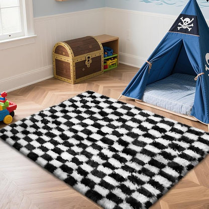 Checkered Rug for Bedroom, 4x6 Black and White Area Rugs, Classic Checkered Carpets Shag Area Rug, Bedside Rugs for Living Room Bedroom Kids Room Home Decor