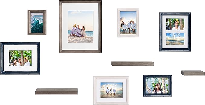 Kate and Laurel Bordeaux Gallery Wall Frame and Shelf Kit, Set of 10, Multiple Coastal Finishes, Assorted Size Frames and Three Display Shelves