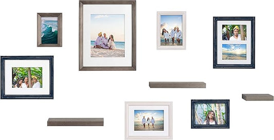 Kate and Laurel Bordeaux Gallery Wall Frame and Shelf Kit, Set of 10, Multiple Coastal Finishes, Assorted Size Frames and Three Display Shelves