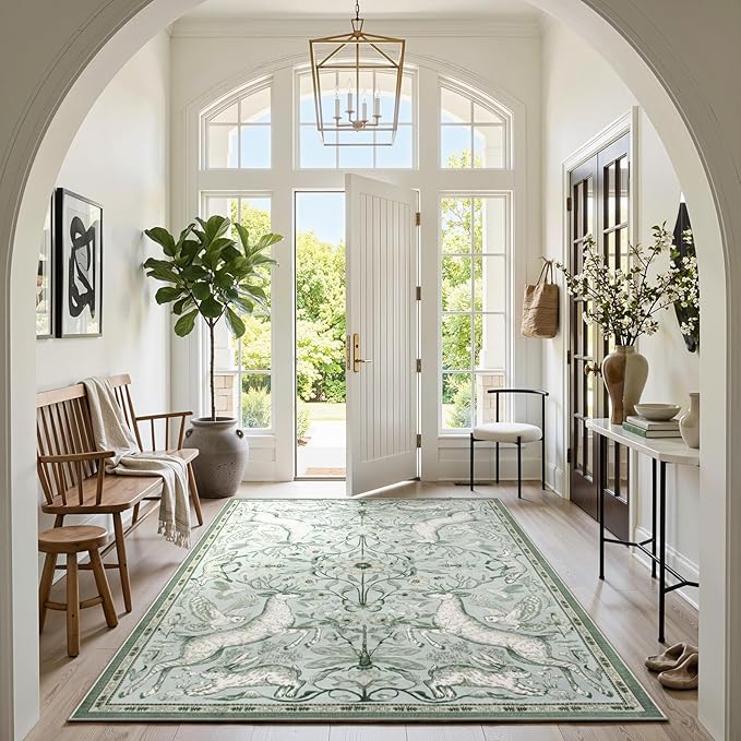 Lahome 6x9 Washable Deer Rug, Dorval Boho Botanical Cottage Area Rug, Non Slip Low Pile Soft Light Green Carpet for Living Room Dining Room Bedroom Kitchen Nursery Decor