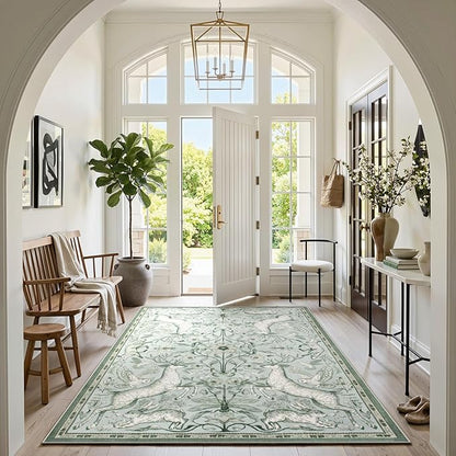 Lahome 6x9 Washable Deer Rug, Dorval Boho Botanical Cottage Area Rug, Non Slip Low Pile Soft Light Green Carpet for Living Room Dining Room Bedroom Kitchen Nursery Decor